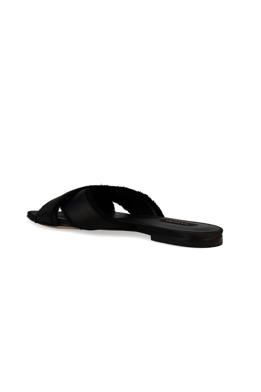 Buy Wayu Satin Fringe Cross Slide Sandals in Black Online Black