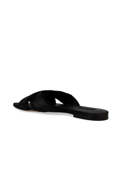 Buy Wayu Satin Fringe Cross Slide Sandals in Black Online Black