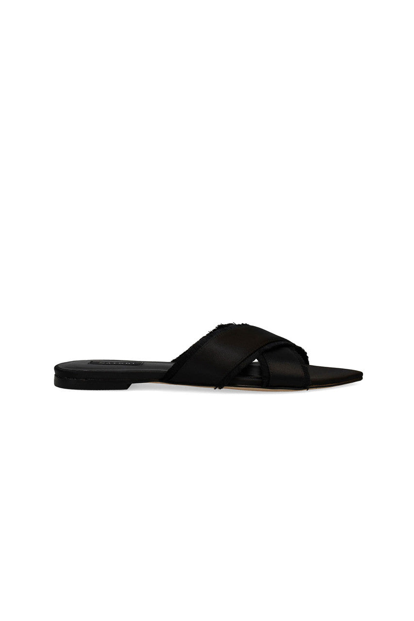Buy Wayu Satin Fringe Cross Slide Sandals in Black Online Black