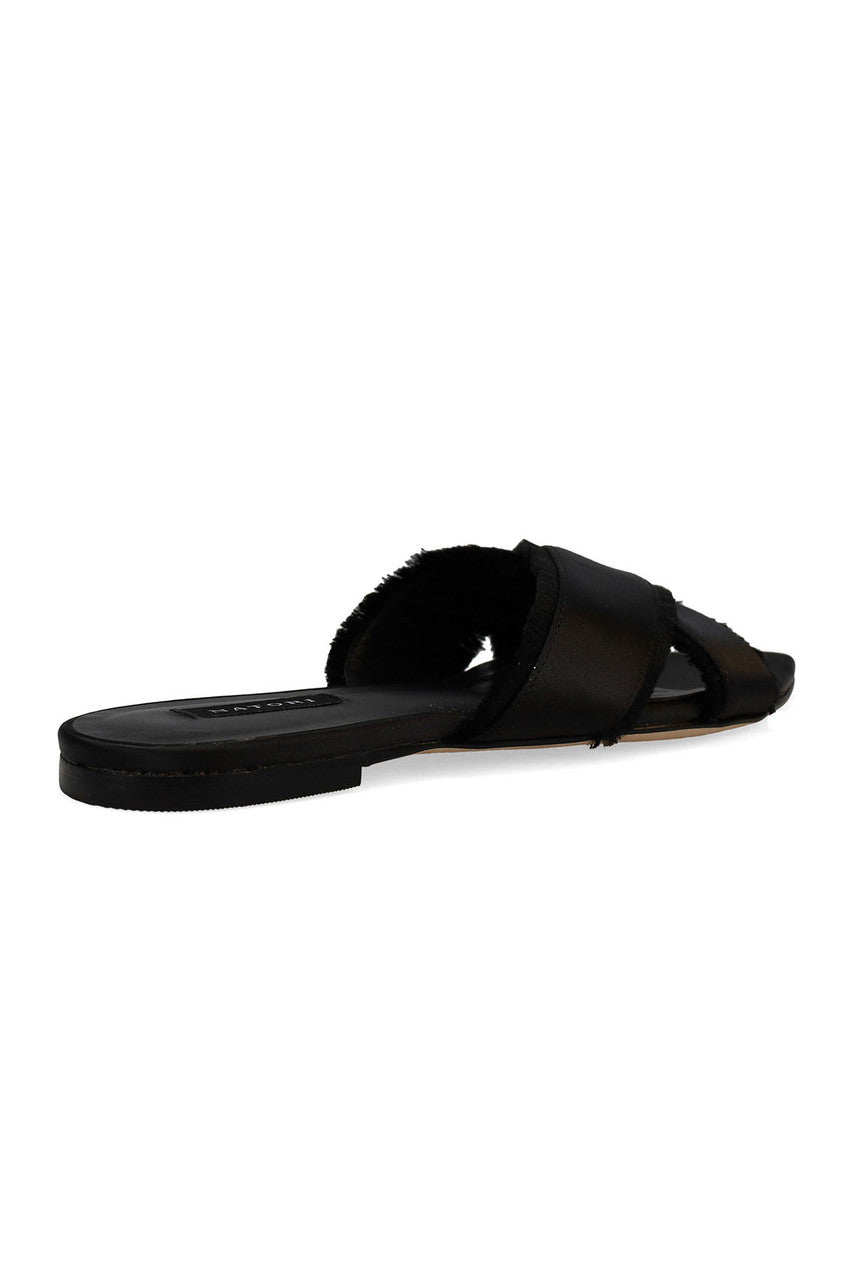 Buy Wayu Satin Fringe Cross Slide Sandals in Black Online Black