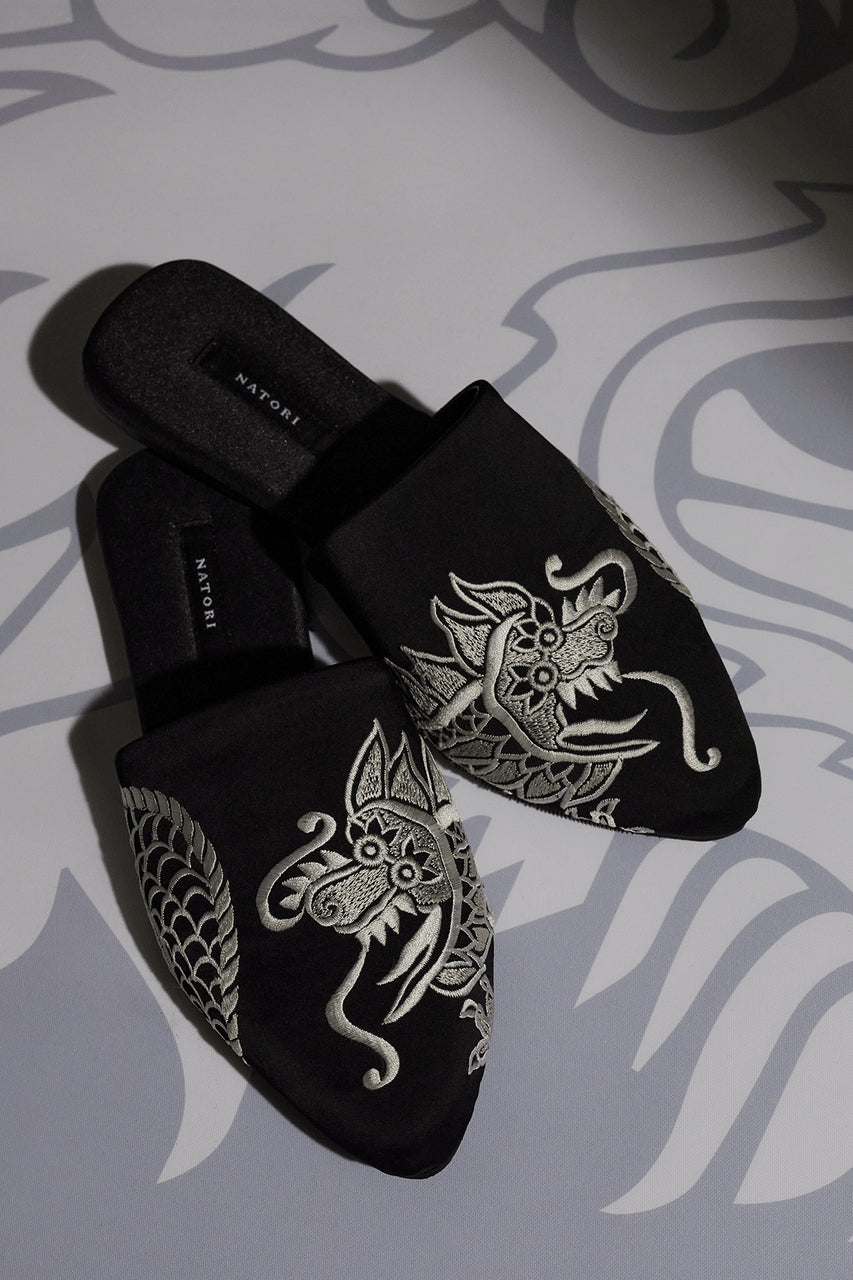 Buy Dragon Embroidered Felt Slide in Black Online Black