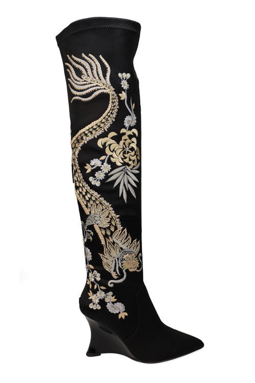 Buy Natsu Satin Embroidered Dragon Stretch Over the Knee Boot in Black/Metallic Online Black/Metallic