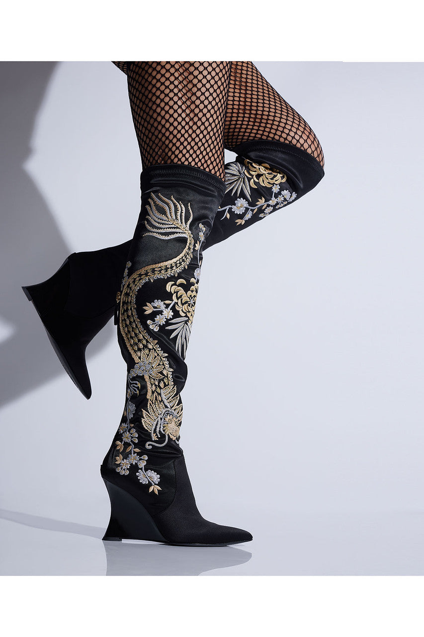 Buy Natsu Satin Embroidered Dragon Stretch Over the Knee Boot in Black/Metallic Online Black/Metallic