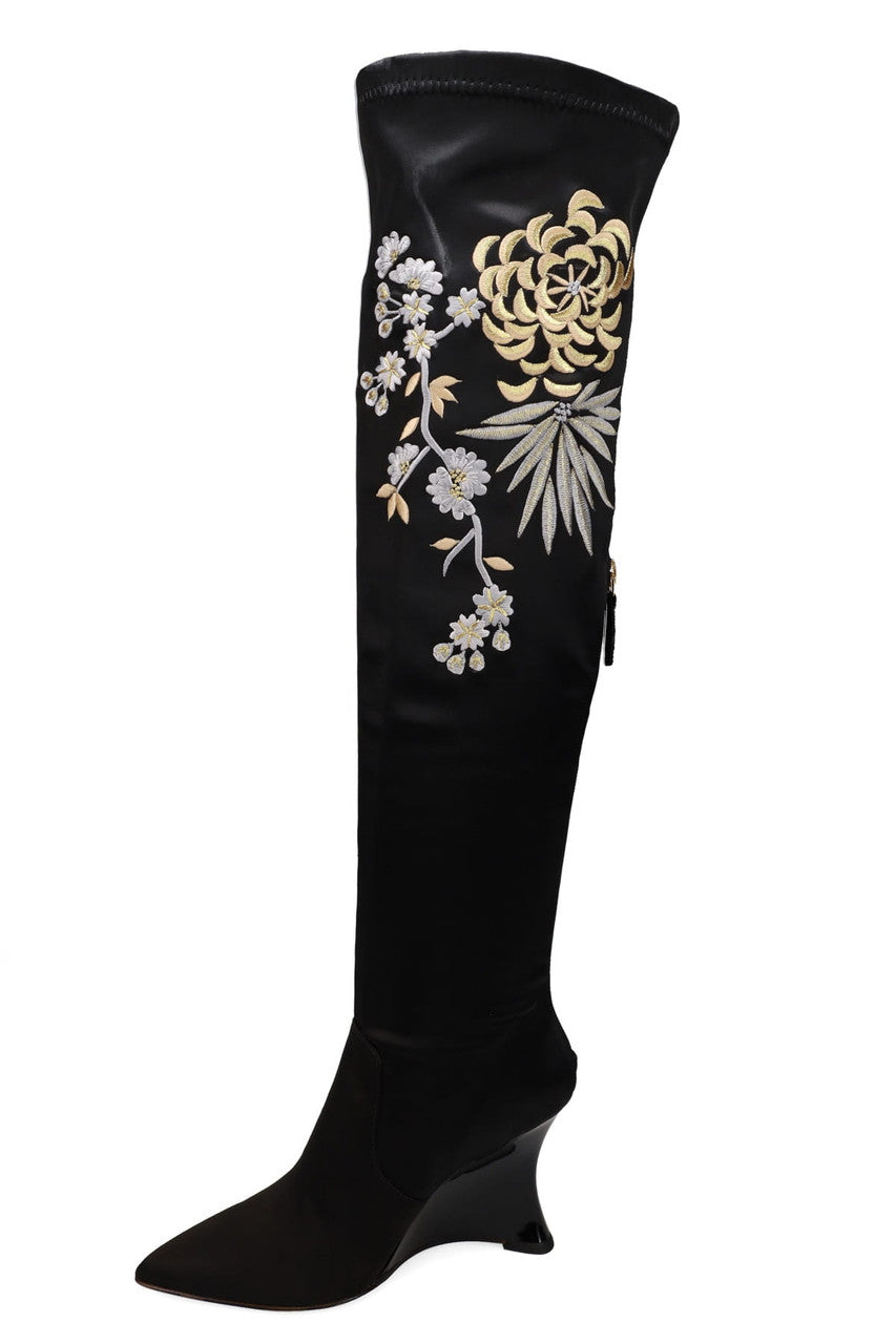 Buy Natsu Satin Embroidered Dragon Stretch Over the Knee Boot in Black/Metallic Online Black/Metallic