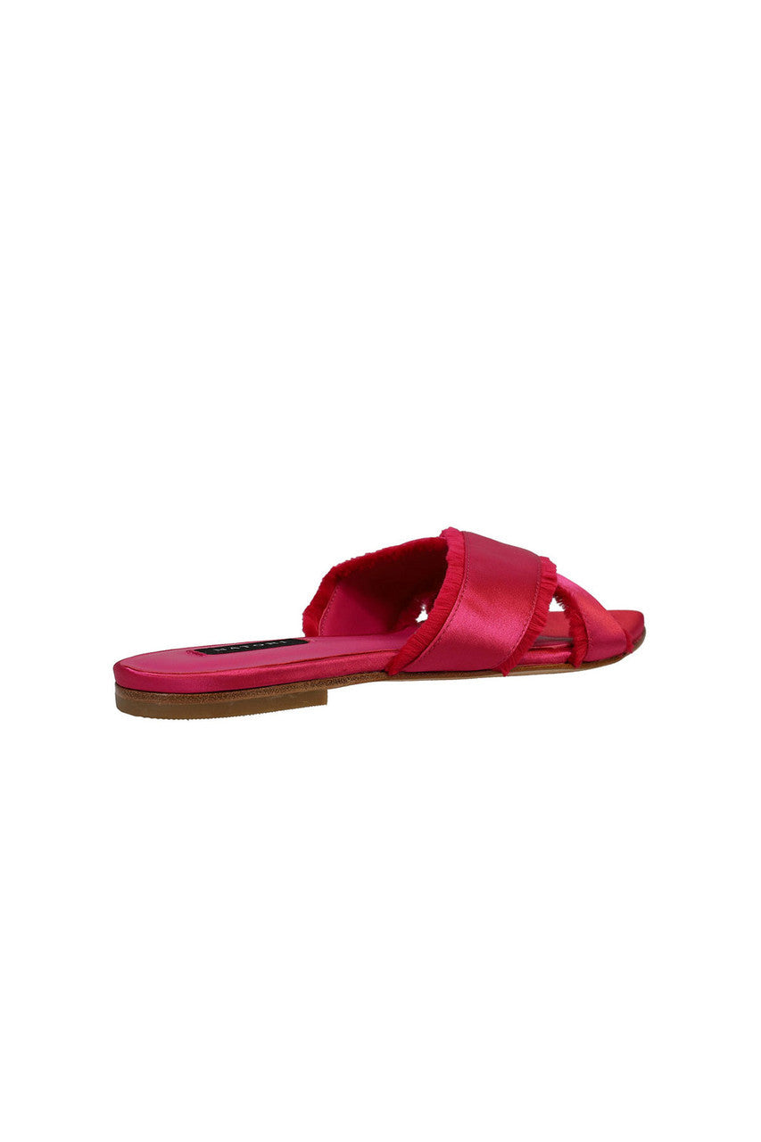 Buy Wayu Satin Fringe Cross Slide Sandals in Dragon Fruit Online Dragon Fruit