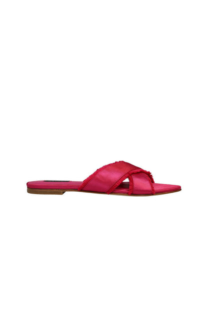 Buy Wayu Satin Fringe Cross Slide Sandals in Dragon Fruit Online Dragon Fruit