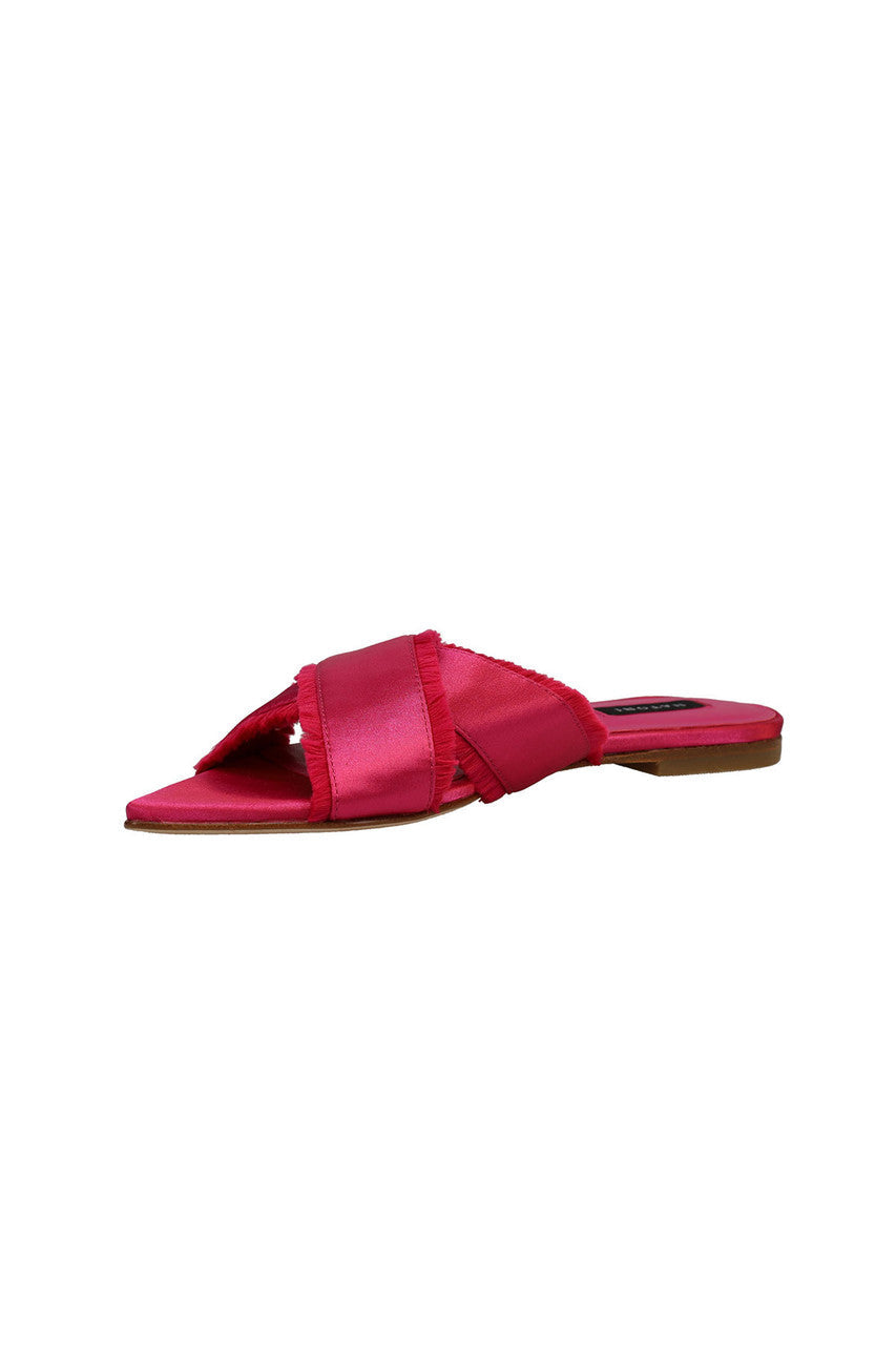 Buy Wayu Satin Fringe Cross Slide Sandals in Dragon Fruit Online Dragon Fruit