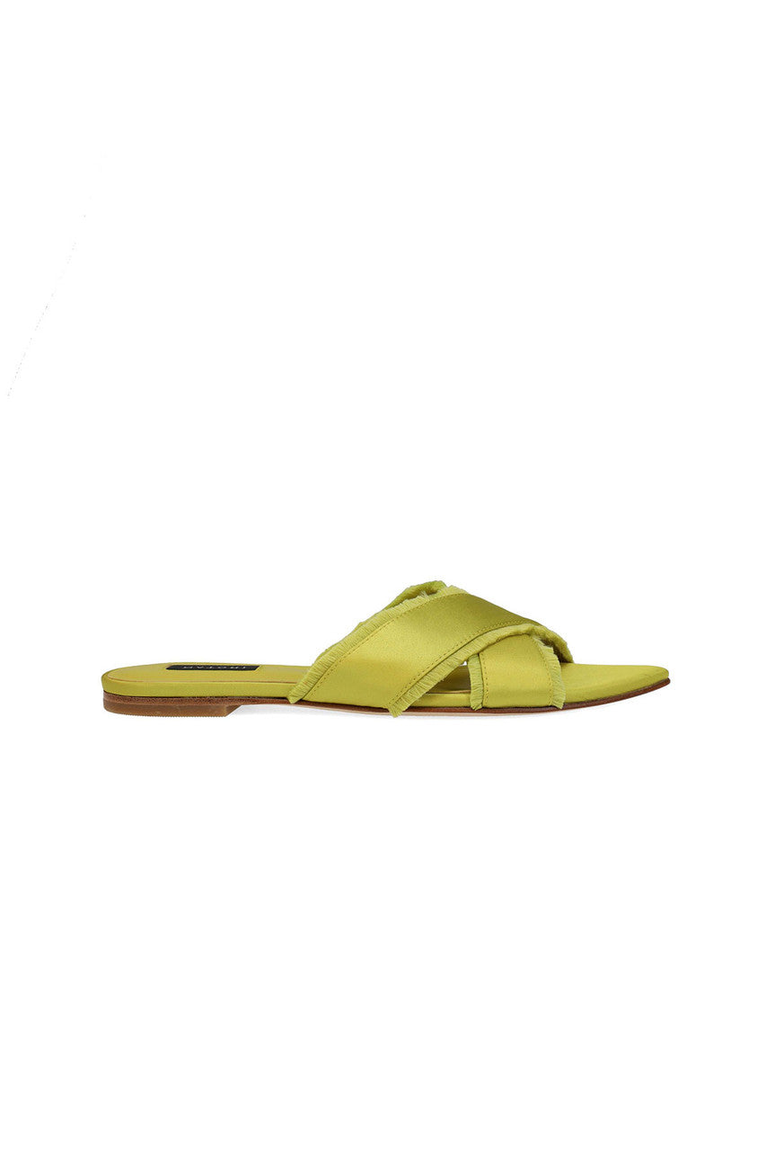 Buy Wayu Satin Fringe Cross Slide Sandals in Chartreuse Online Chartreuse