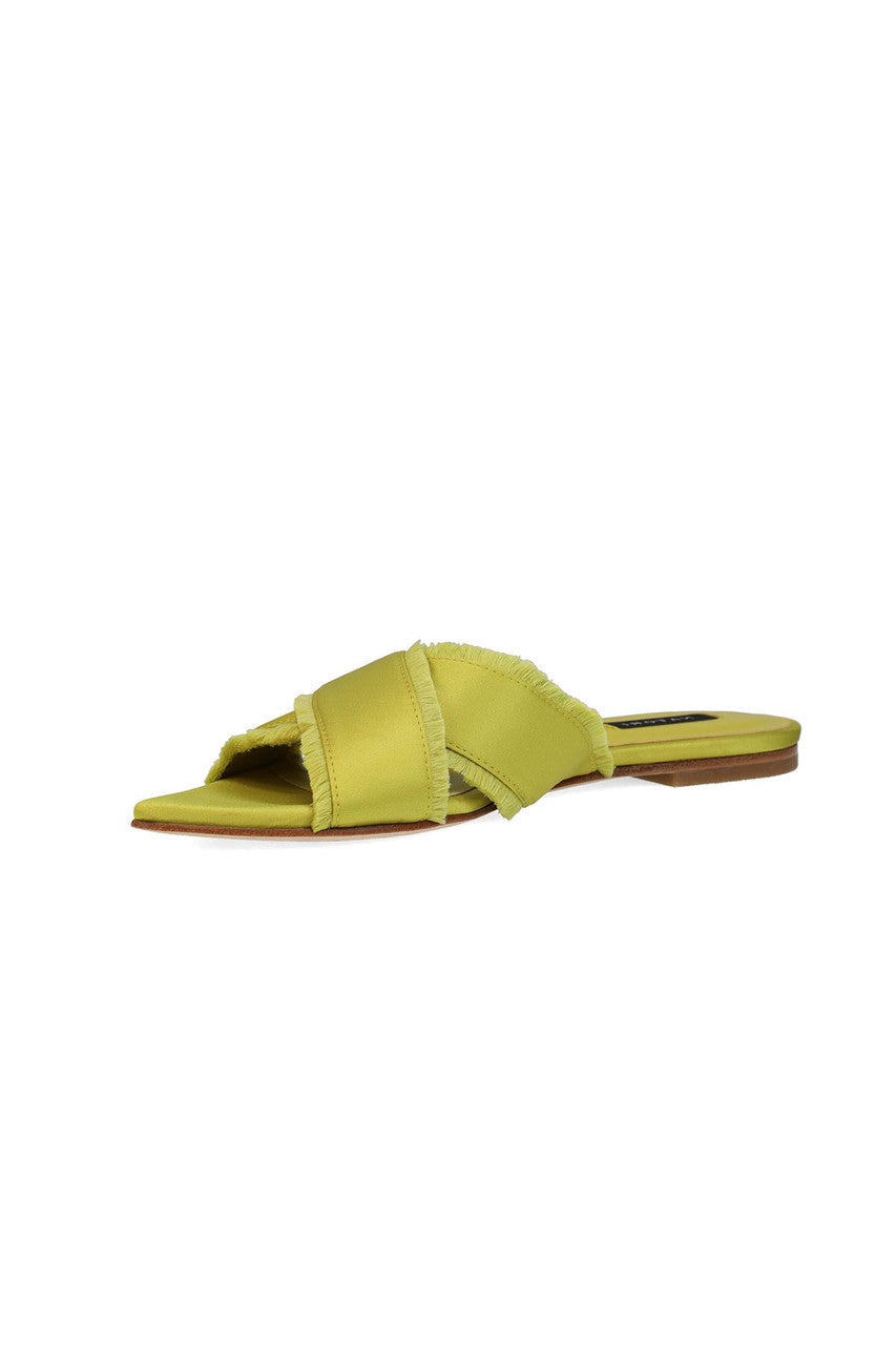 Buy Wayu Satin Fringe Cross Slide Sandals in Chartreuse Online Chartreuse