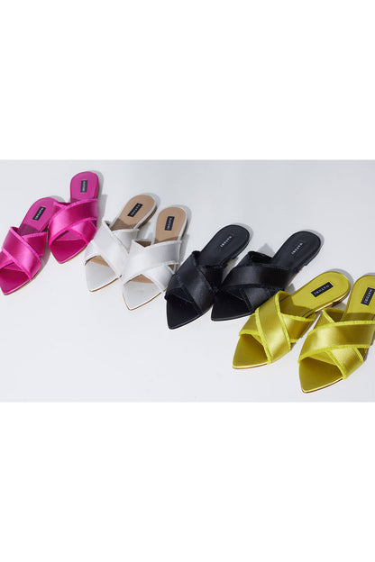 Buy Wayu Satin Fringe Cross Slide Sandals in Chartreuse Online Chartreuse