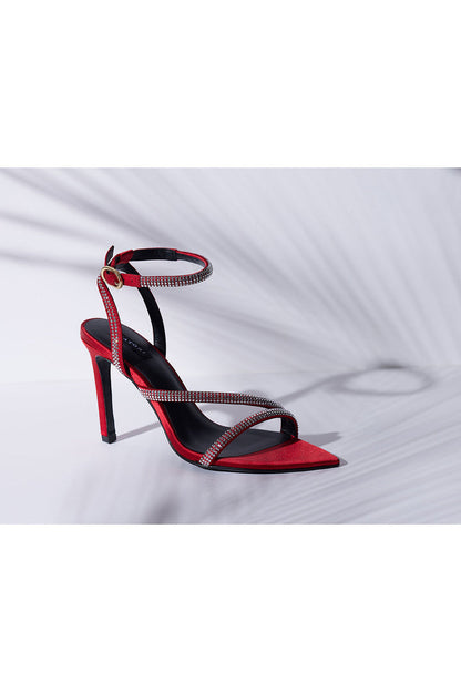 Buy Reiki Satin Embellished Ankle Strap Heel in Brocade Red Online Brocade Red