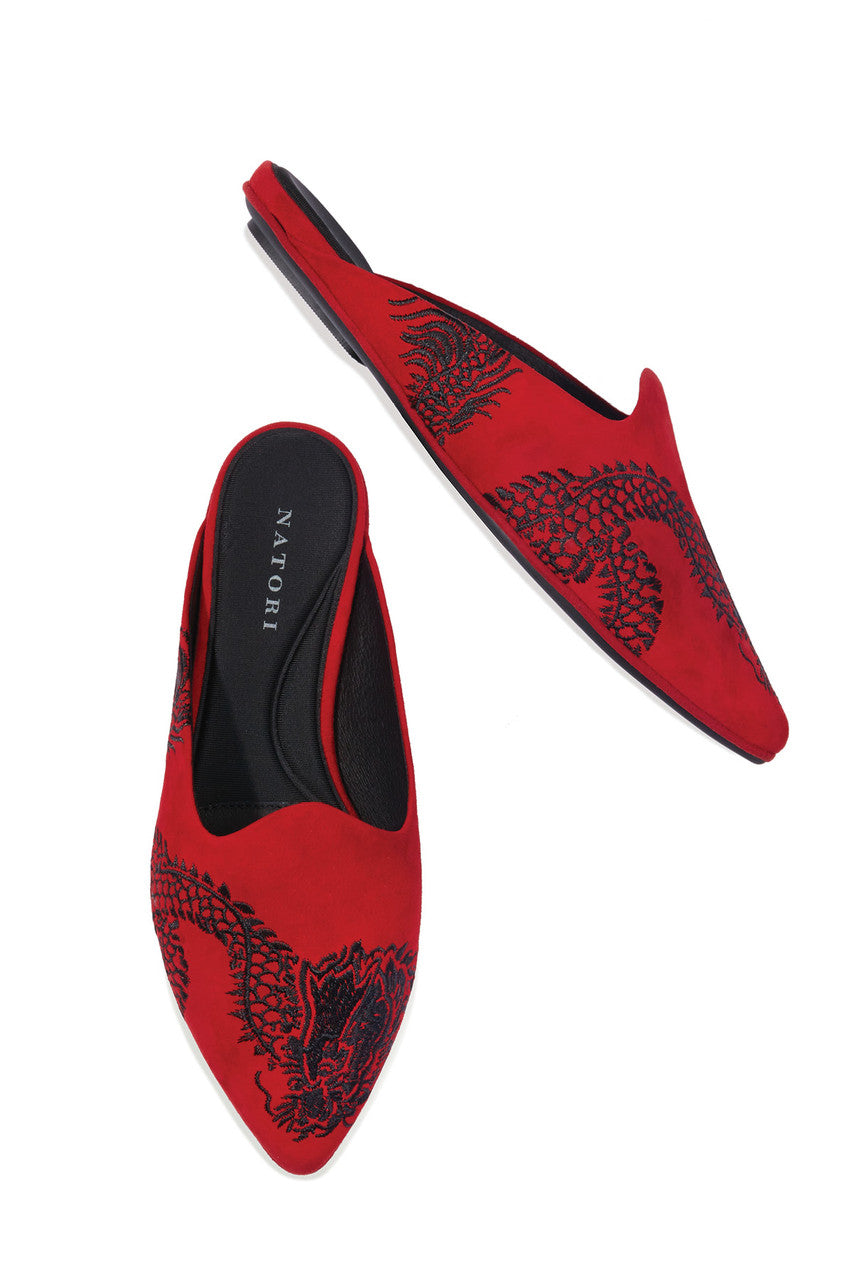Buy Image Suede Dragon Embroidery Slide in Brocade Red Suede Online Brocade Red Suede