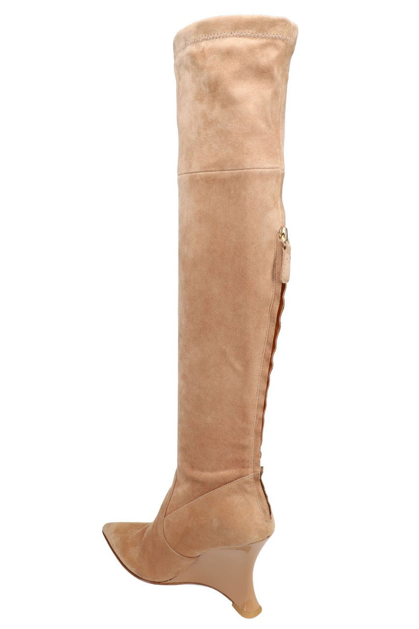 Buy Natsu Stretch Suede Over the Knee Wedge Boot in Doe Online Doe