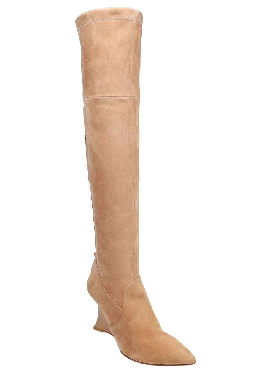 Buy Natsu Stretch Suede Over the Knee Wedge Boot in Doe Online Doe