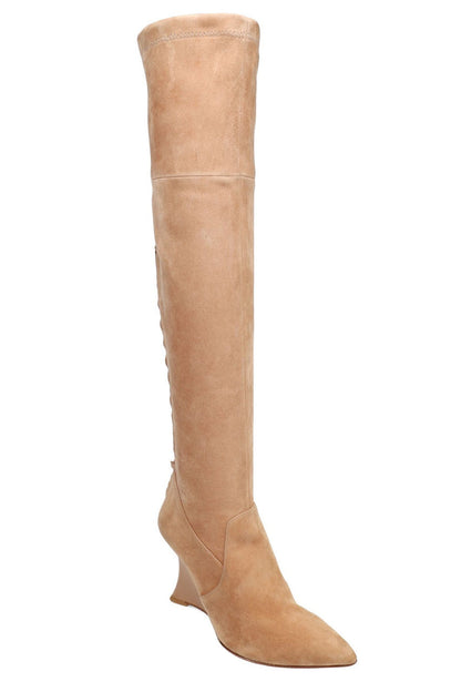 Buy Natsu Stretch Suede Over the Knee Wedge Boot in Doe Online Doe