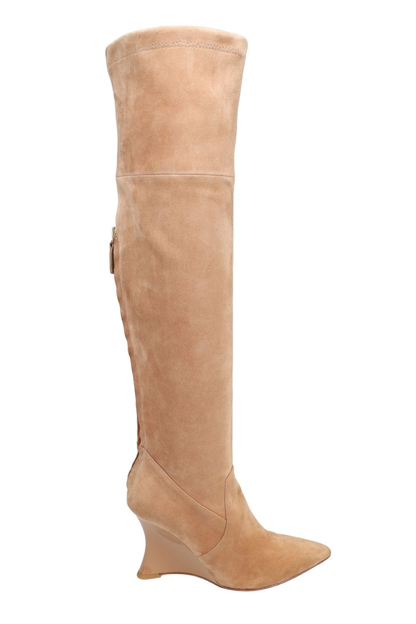Buy Natsu Stretch Suede Over the Knee Wedge Boot in Doe Online Doe
