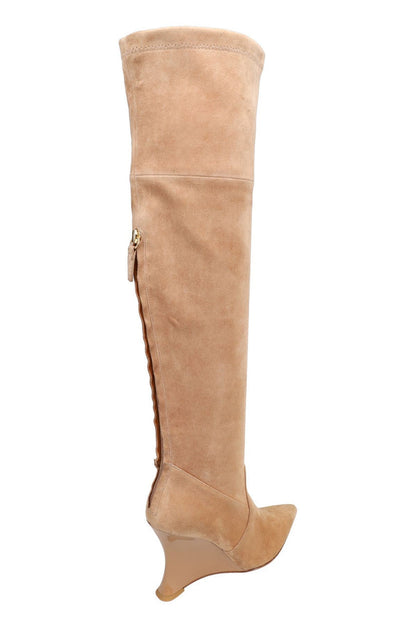 Buy Natsu Stretch Suede Over the Knee Wedge Boot in Doe Online Doe