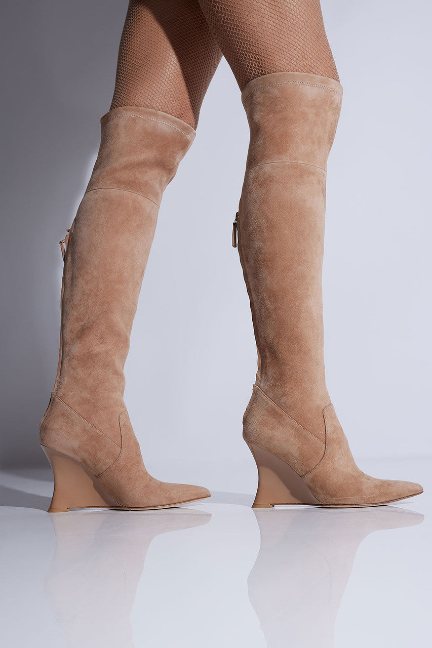 Buy Natsu Stretch Suede Over the Knee Wedge Boot in Doe Online Doe