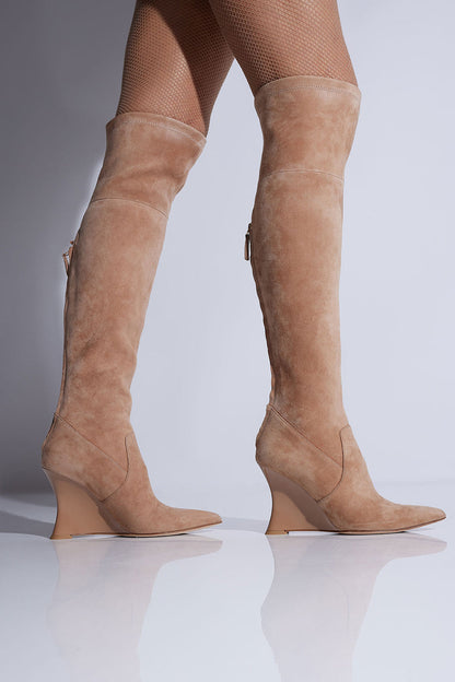 Buy Natsu Stretch Suede Over the Knee Wedge Boot in Doe Online Doe