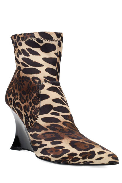 Buy Neko Luxe Leopard Satin Wedge Ankle Boot in Chestnut Online Chestnut