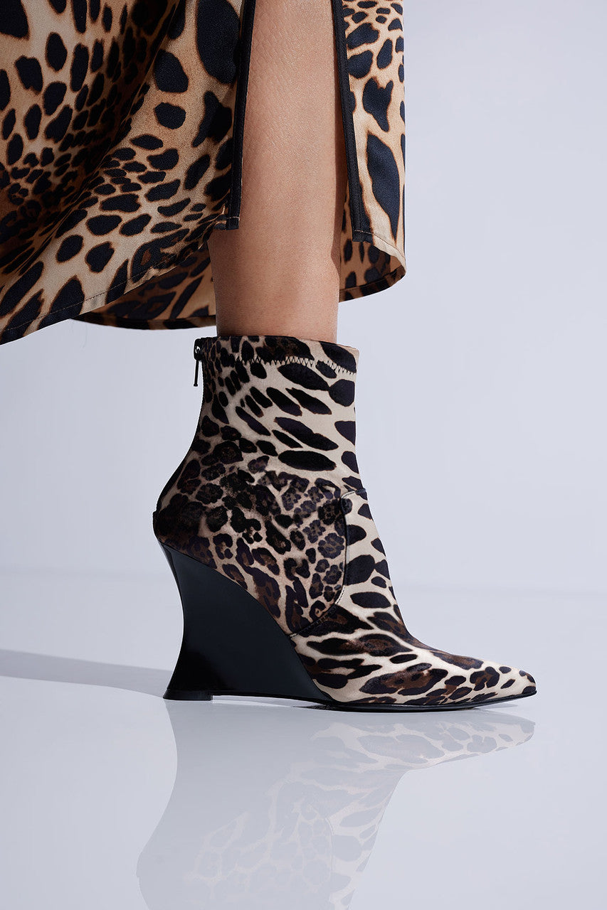 Buy Neko Luxe Leopard Satin Wedge Ankle Boot in Chestnut Online Chestnut