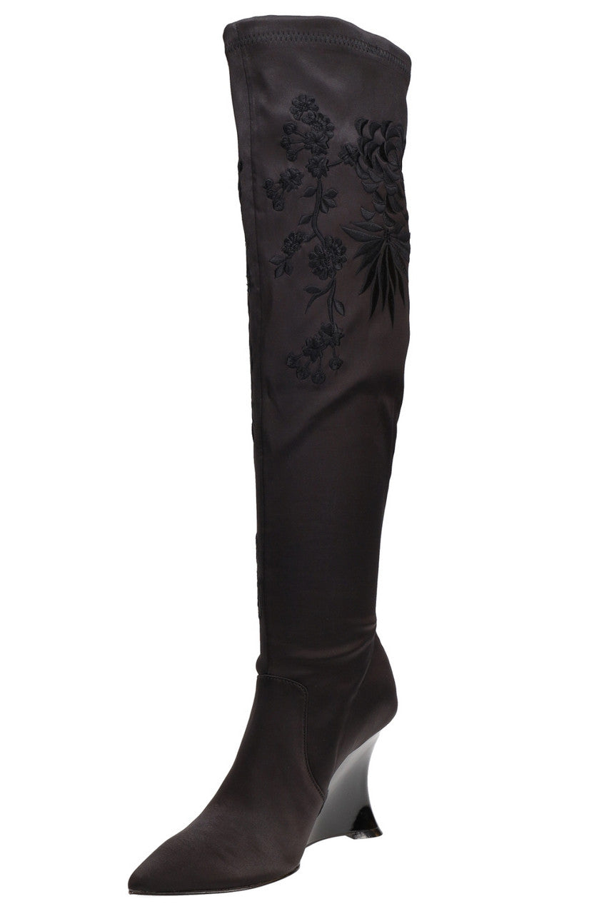 Buy Natsu Satin Embroidered Dragon Stretch Over the Knee Boot in Black Online Black