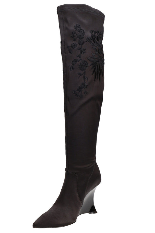 Buy Natsu Satin Embroidered Dragon Stretch Over the Knee Boot in Black Online Black