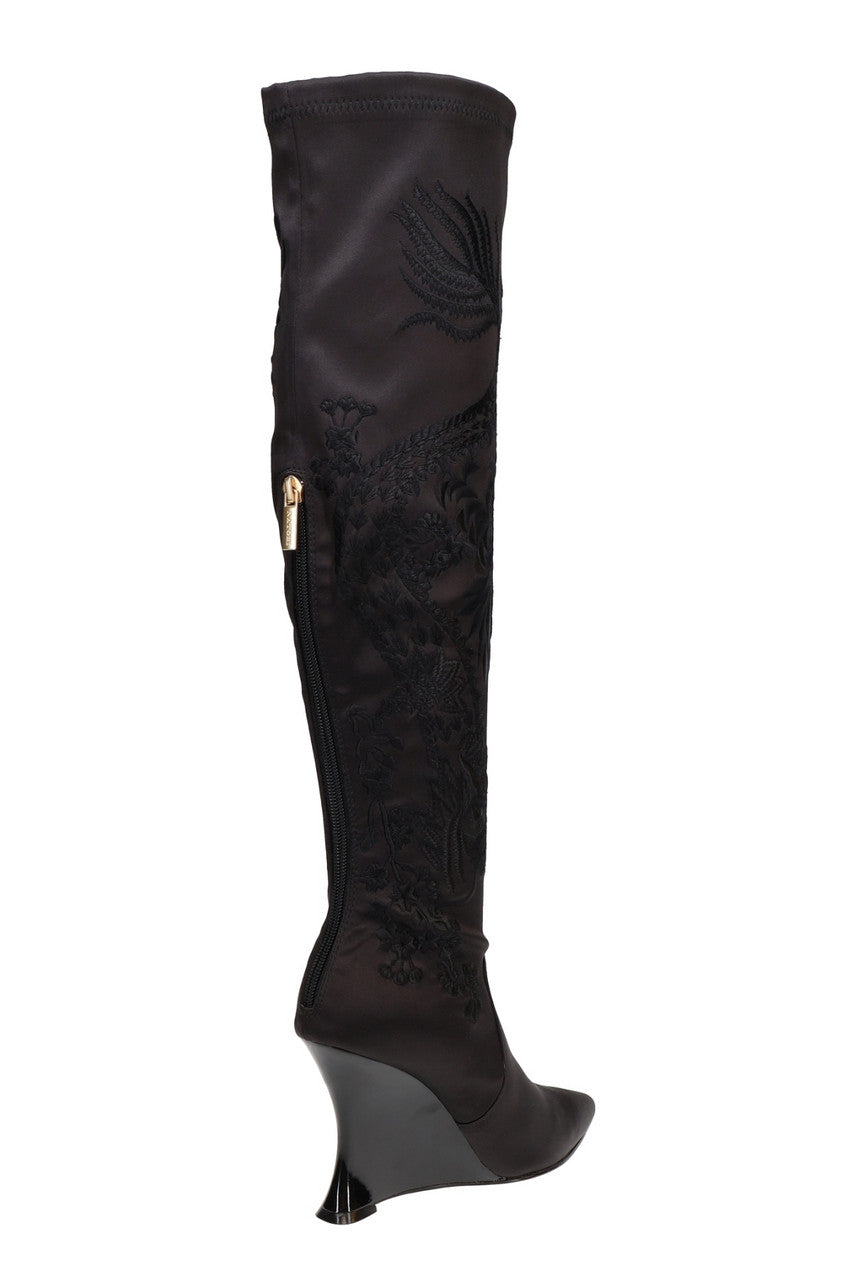 Buy Natsu Satin Embroidered Dragon Stretch Over the Knee Boot in Black Online Black