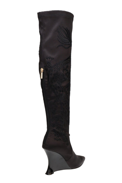 Buy Natsu Satin Embroidered Dragon Stretch Over the Knee Boot in Black Online Black