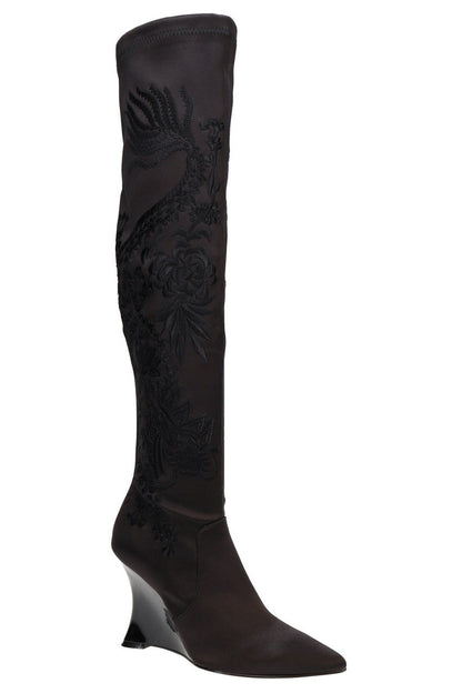 Buy Natsu Satin Embroidered Dragon Stretch Over the Knee Boot in Black Online Black
