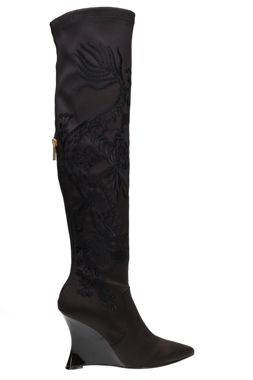 Buy Natsu Satin Embroidered Dragon Stretch Over the Knee Boot in Black Online Black