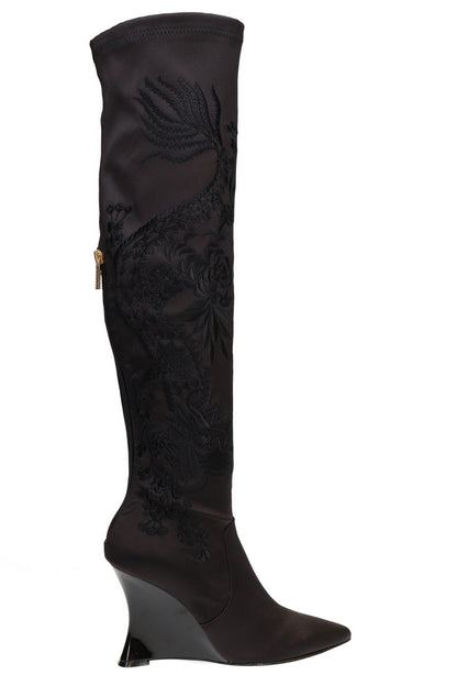 Buy Natsu Satin Embroidered Dragon Stretch Over the Knee Boot in Black Online Black
