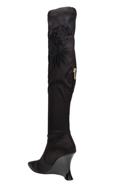 Buy Natsu Satin Embroidered Dragon Stretch Over the Knee Boot in Black Online Black