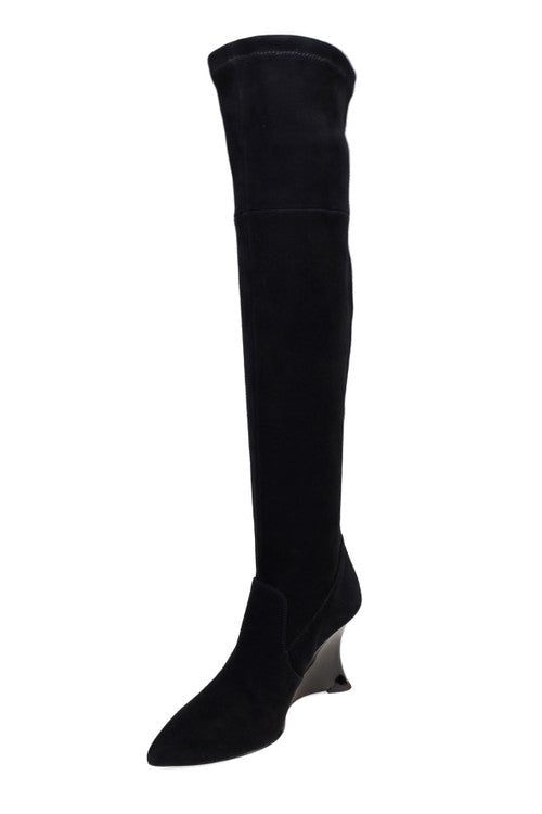 Buy Natsu Stretch Suede Over the Knee Wedge Boot in Black Online Black