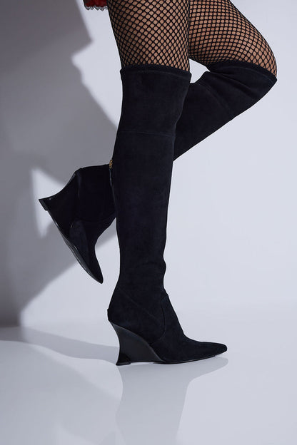 Buy Natsu Stretch Suede Over the Knee Wedge Boot in Black Online Black
