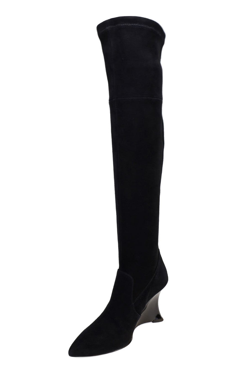 Buy Natsu Stretch Suede Over the Knee Wedge Boot in Black Online Black