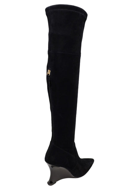 Buy Natsu Stretch Suede Over the Knee Wedge Boot in Black Online Black