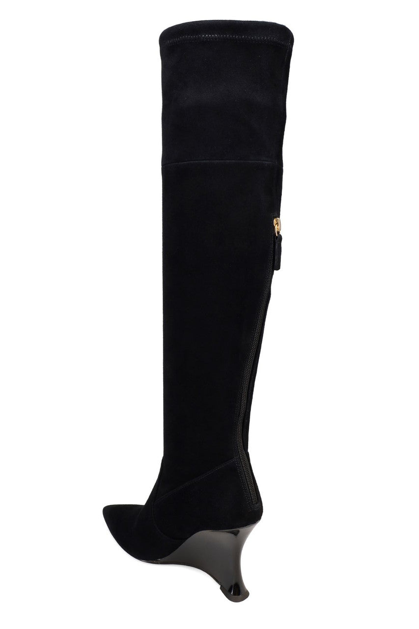 Buy Natsu Stretch Suede Over the Knee Wedge Boot in Black Online Black