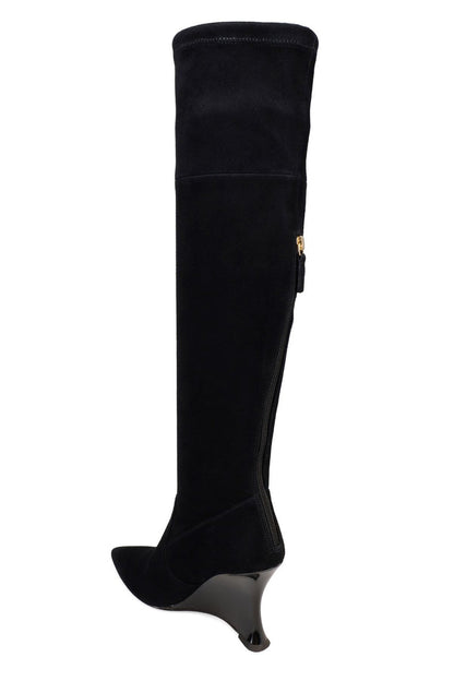 Buy Natsu Stretch Suede Over the Knee Wedge Boot in Black Online Black