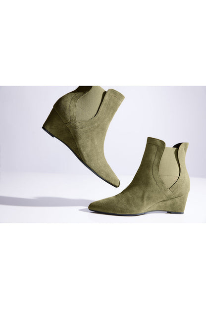 Buy Gaisha-Su Suede Wedge Bootie in Olive Online Olive