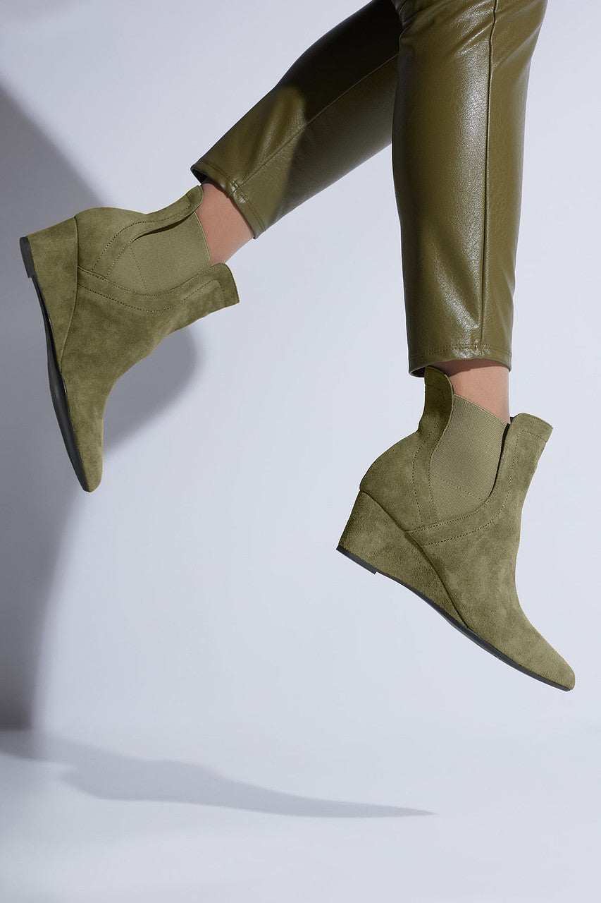 Buy Gaisha-Su Suede Wedge Bootie in Olive Online Olive