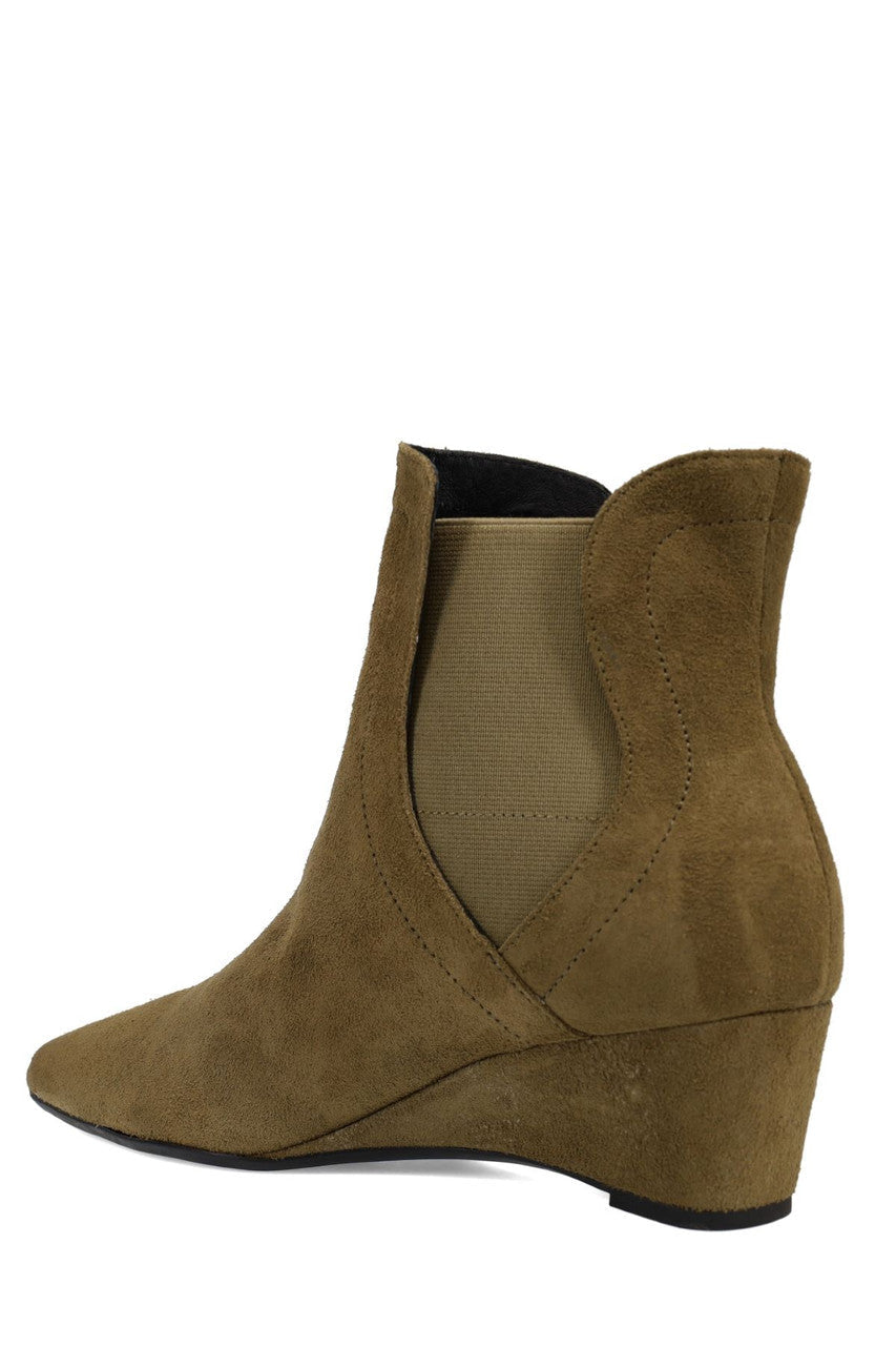 Buy Gaisha-Su Suede Wedge Bootie in Olive Online Olive