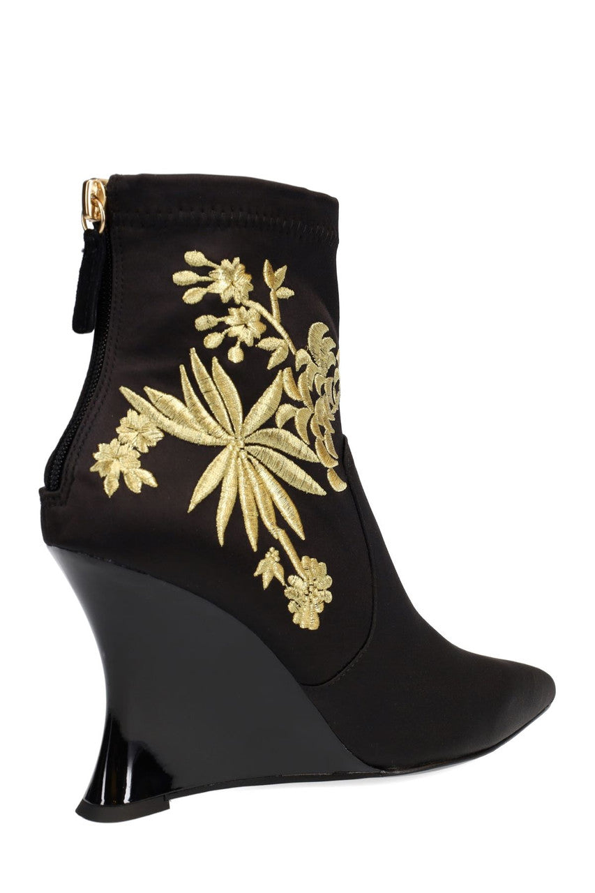 Buy Neko Satin Embroidery Wedge Ankle Boot in Black/Gold Online Black/Gold