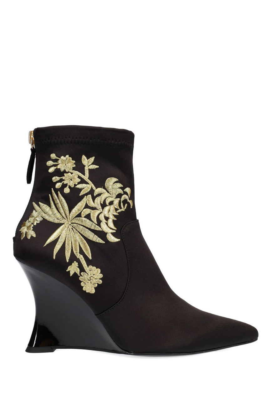 Buy Neko Satin Embroidery Wedge Ankle Boot in Black/Gold Online Black/Gold