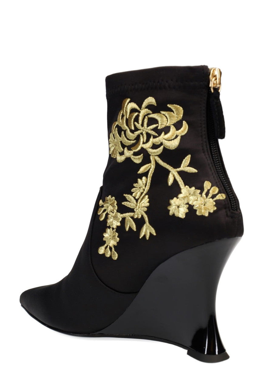 Buy Neko Satin Embroidery Wedge Ankle Boot in Black/Gold Online Black/Gold