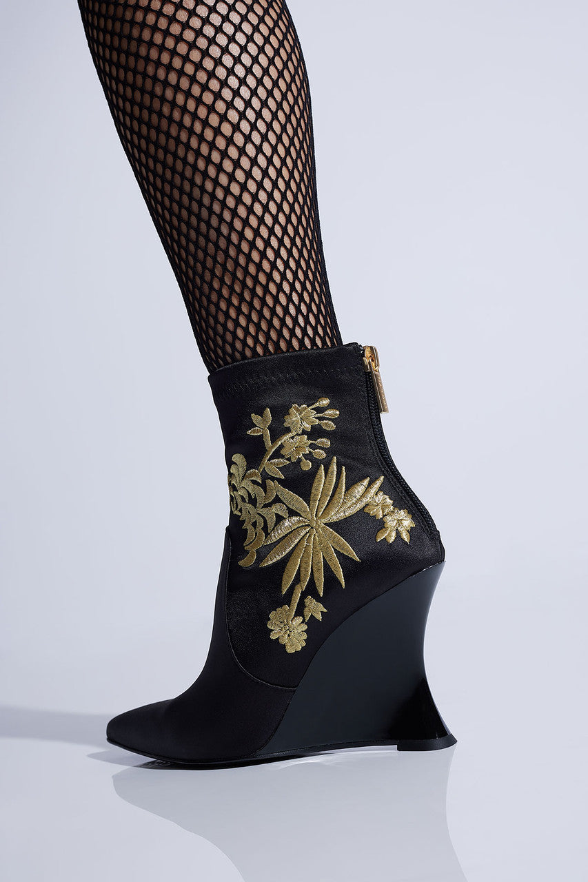 Buy Neko Satin Embroidery Wedge Ankle Boot in Black/Gold Online Black/Gold