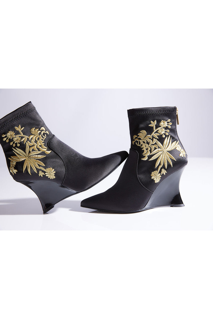 Buy Neko Satin Embroidery Wedge Ankle Boot in Black/Gold Online Black/Gold