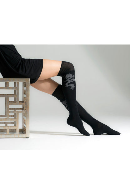 Buy Textured Cuff Dragon Over the Knee Socks in Black Online Black