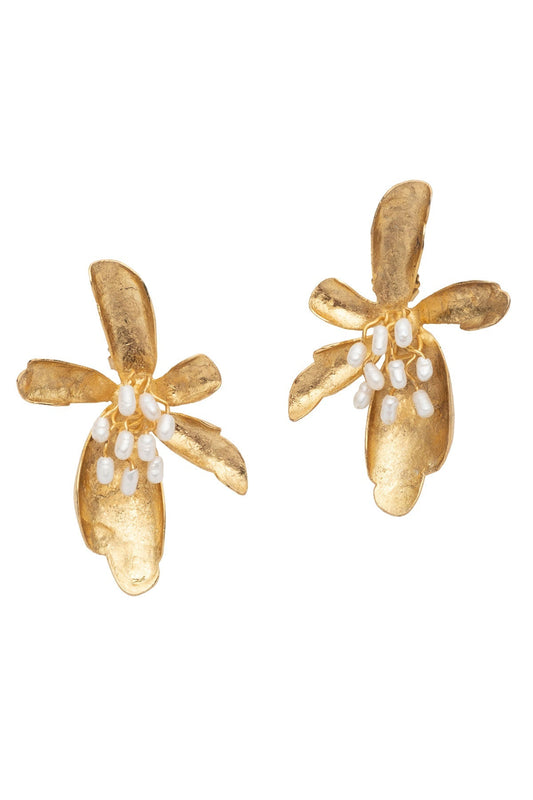 Fresh Water Pearl & Gold Plated Peony Cluster Pierced Earrings Gold