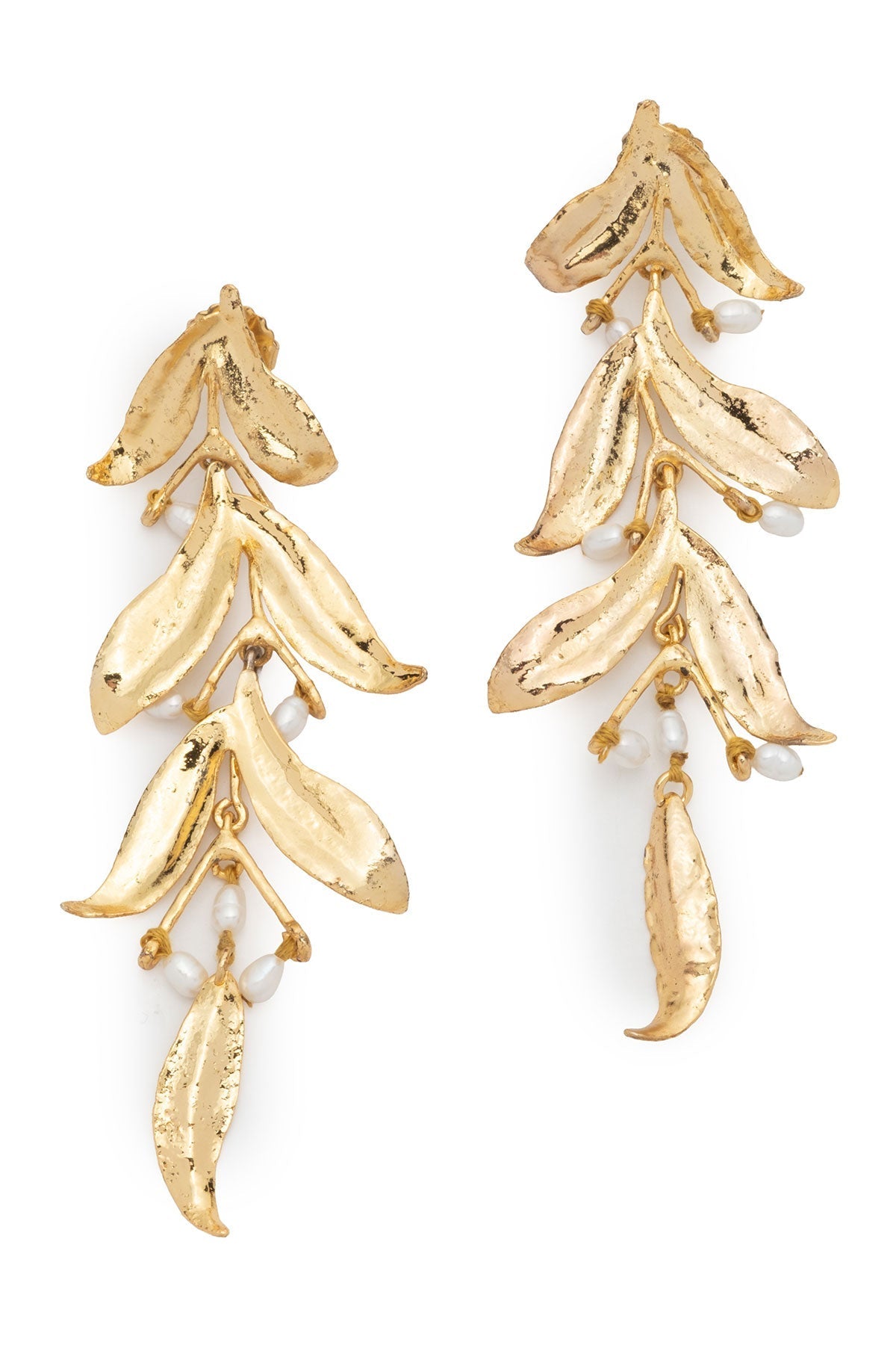 Fresh Water Pearl & Gold Plated Drop Leaf Pierced Earrings Gold